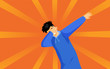 Dabbing hipster guy flat vector illustration. Young man in blue hoodie showing trendy dab sign cartoon character. Stylish teenager standing in dub dance pose isolated on orange background