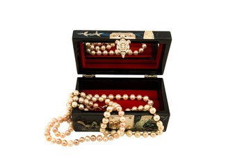 Isolated Jewelry box with pearl necklace on white background