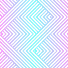 Vector Geometric Seamless Pattern With Chevron, Zigzag Lines, Stripes. Neon Holographic Gradient, Blue And Pink Tones. Abstract Sport Style Graphic Texture. Trendy Background In 80s - 90s Style