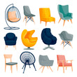 © Qualit Design - Modern armchair set. Interior furniture design elements. Home and office chair icons. Vector flat cartoon illustration