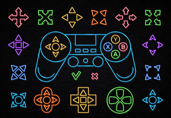 Neon color joystick icon set isolated on black brick background. Wireless Gamepad sign neon outlines. Play game light design element for gaming room club flyer banner poster. Night vector illustration