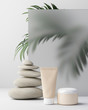 Composition with body cream in jars on light background. Palms. Mock up for product display. 3d illustration