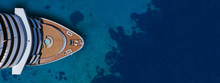 Aerial Drone Ultra Wide Photo Of Cruise Liner Nose Cruising In Mediterranean Aegean Deep Blue Sea