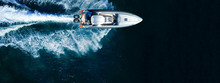 Aerial Drone Top Down Ultra Wide Photo Of Inflatable Speed Boat Cruising In High Speed In Deep Blue Aegean Sea
