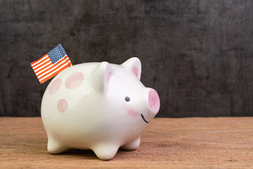 United State economy, investment or financial assets and savings concept ,piggy bank with United state national flag on wood table dark background