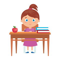 Wall Mural - student girl sitting in school desk on white background