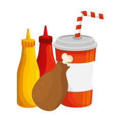 Poster - chicken delicious with bottles sauces and drink food isolated icon