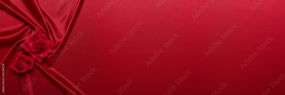 Abstract background from red silk (satin) and roses. Fabric texture with draped. Copy space. Element design. Valentine's day. - obrazy, fototapety, plakaty 