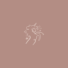 Tiny handdrawn line style logo or icon symbol of magical unicorn. Good for fashion theme, beauty industry, wedding postcards. Vector illustration.