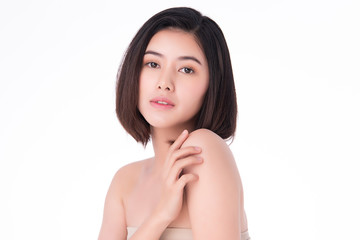 Beautiful Young Asian Woman with Clean Fresh Skin. Face care, Facial treatment, on white background, Beauty and Cosmetics Concept.