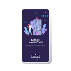 Poster - man using mobile navigation app to get direction to destination address in city street traveler exploring route location pin GPS pointers on smartphone screen full length copy space vector
