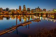 Illuminated Cityscape Reflections Portland Oregon Skyline Willamette River Boat Dock stock photo