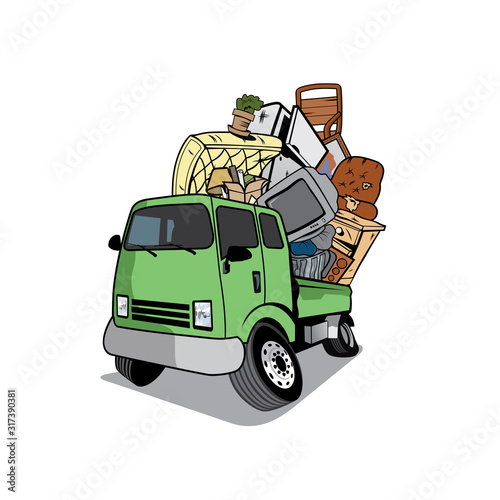 Cuadros en Lienzo Vector of Cartoon pickup truck loaded full of household junk design eps format, suitable for your design needs, logo, illustration, animation, etc