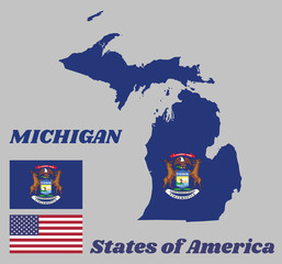 Wall Mural - Map outline and flag of Michigan and the state name. State coat of arms on a dark blue field. The state of America.