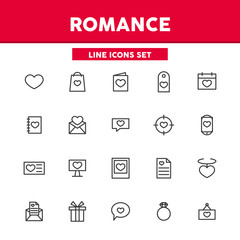 Poster - Romance simple set thin line icons. Greeting cards, hearts, flowers, ring and etc.  Vector illustration symbol elements for web design and apps.
