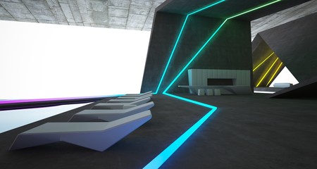  Abstract architectural concrete interior of a minimalist house with colored neon lighting. 3D illustration and rendering.