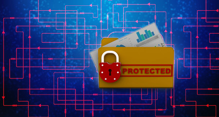 Poster - Yellow folder and lock. Data security concept. 3D rendering
