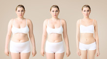 Young Woman Before And After Slimming On Color Background. Stages Of Weight Loss