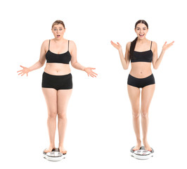 slim and stout women standing on scales against white background. weight loss concept