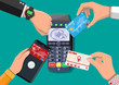 Hands with transport card, smartphone, smartwatch and bank card near POS terminal. Wireless, contactless or cashless payments, rfid nfc. Vector illustration in flat style