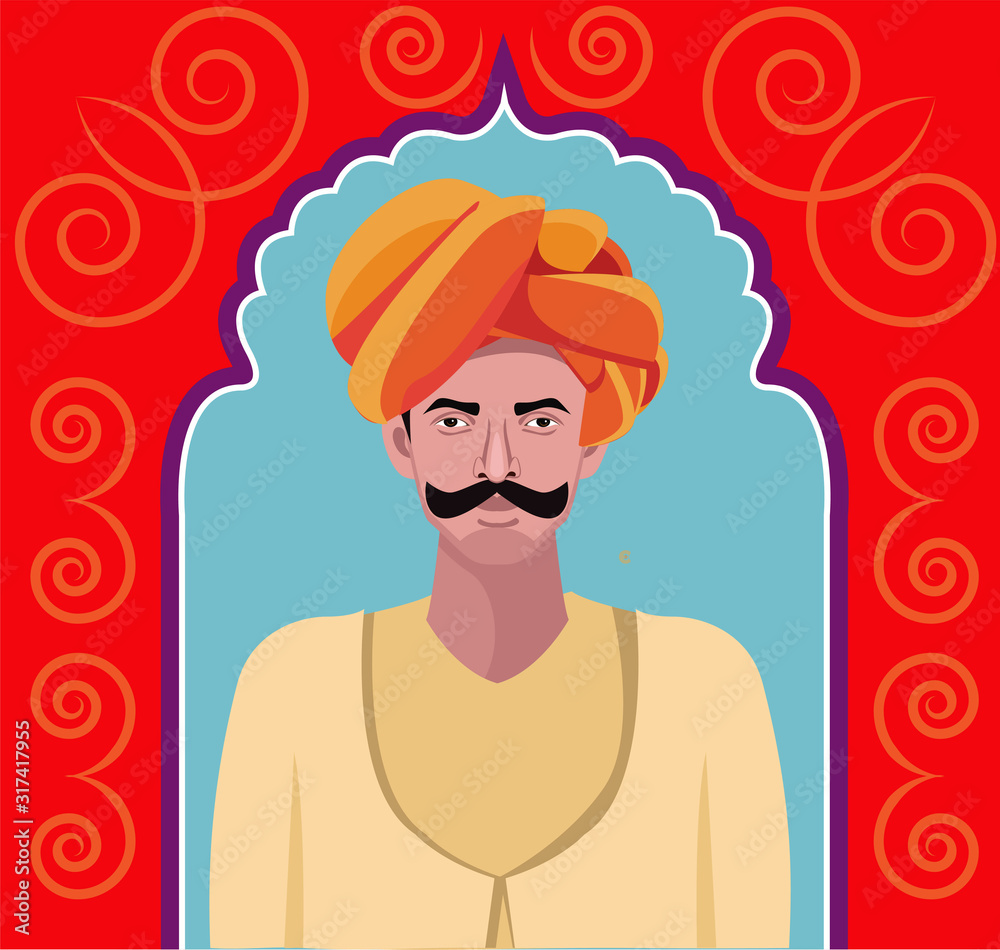 rajasthani man with mustache in decorative window vector Stock Vector |  Adobe Stock, image size:1000x950