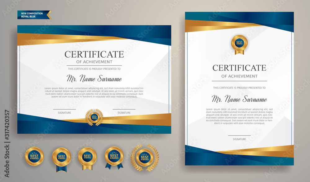 Blue and gold certificate of achievement template with gold badge and border - obrazy, fototapety, plakaty 