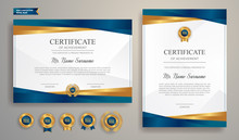 Blue And Gold Certificate Of Achievement Template With Gold Badge And Border