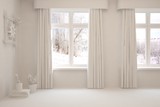 Fototapeta  - Mock up of empty room in white color with winter landscape in window. Scandinavian interior design. 3D illustration