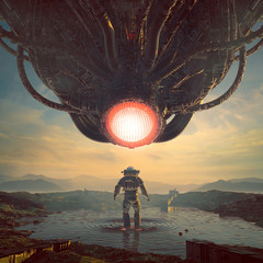Wall Mural - surrender to the machine / 3d illustration of retro science fiction with astronaut encountering gian
