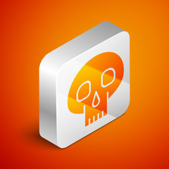 Sticker - Isometric Skull icon isolated on orange background. Silver square button. Vector Illustration