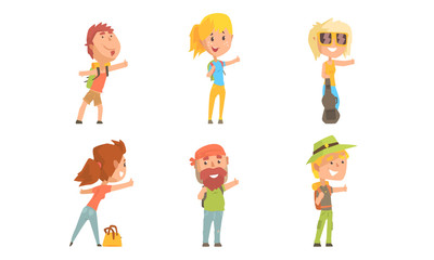 Wall Mural - People Travelling by Autostop Collection, Male and Female Tourists Characters Hitchhiking Vector Illustration