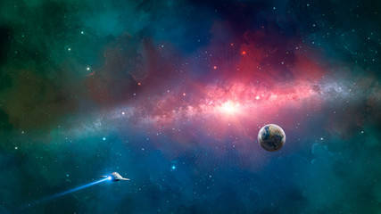 Wall Mural - space scene. spaceship fly to earth planet with milky way in colorful nebula. elements furnished by 