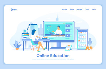Online Education E-learning Online training, courses, exams, testing. Monitor screen with video tutorials. Woman sitting at a table and working with laptop. landing template decorated with people 