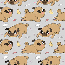 Cute Cartoon Pug Pattern. Cheerful Funny Dog Picture For The Veterinarian. Vector