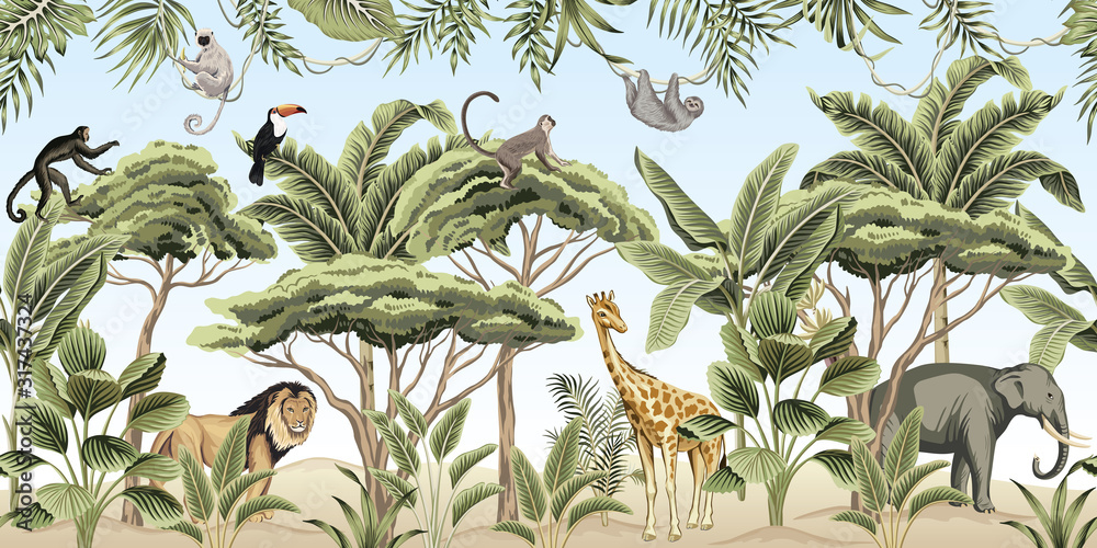 Vintage tree, palm tree, banana tree, plant, lion, indian elephant, giraffe, lion, monkey, sloth, toucan animal floral border blue background. Exotic safari wallpaper. - obrazy, fototapety, plakaty 