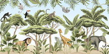 Vintage Tree, Palm Tree, Banana Tree, Plant, Lion, Indian Elephant, Giraffe, Lion, Monkey, Sloth, Toucan Animal Floral Border Blue Background. Exotic Safari Wallpaper.