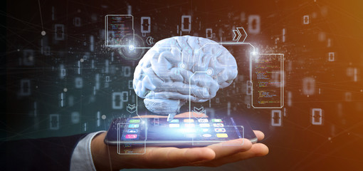 Poster - businessman holding a intelligence artificial brain with data - 3d rendering