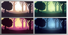 Set Of Forest Landscape Backgrounds In The Sunshine, Sunset, Sunrise And Night. Vector Illustration.