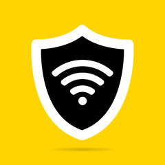 Wall Mural - Wireless shield wifi icon sign flat design vector illustration. Wifi internet signal symbols in the security shield isolated on yellow background.
