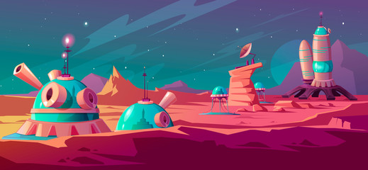 Poster - Landscape of Mars surface with colony buildings. Astronaut base on red planet. Vector cartoon futuristic illustration of space colonization, cosmos exploration concept. Space station in alien galaxy