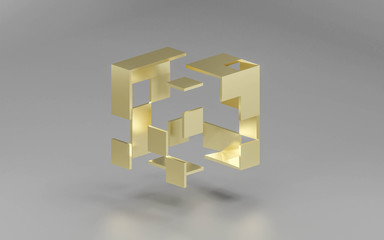 Poster - abstact golden modern architecture background with a dissolving golden cube 3d illustration render