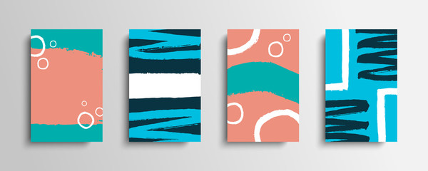 Poster - Set of covers with color brush strokes. Collection of artistic creative cards with hand drawn shapes. Vector illustration.