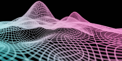 Poster - Data technology abstract futuristic cyan and magenta low poly shape glowing wire mesh surface on dark background. 3D rendering 3d illustration render