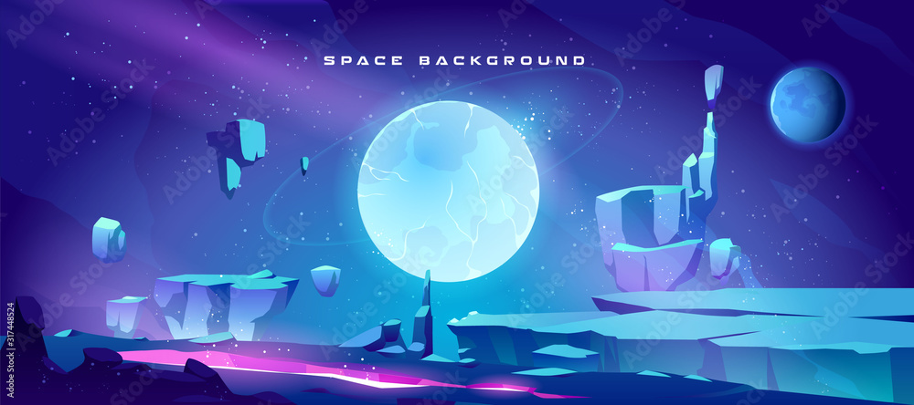 Space background with landscape of alien planet with craters and lighted crack. Vector cartoon fantasy illustration of blue galaxy sky with gas giant and moon and ground surface with rocks - obrazy, fototapety, plakaty 
