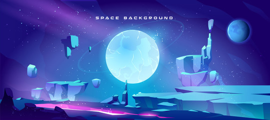 Poster - space background with landscape of alien planet with craters and lighted crack. vector cartoon fanta