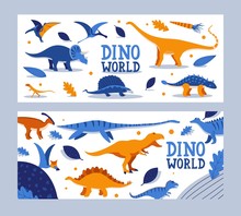 Dino World Banner, Children Book, Prehistoric Animals Museum Exposition Ticket Vector Illustration. Isolated Cartoon Style Icons Of Dinosaurs, Jurassic Theme Park Invitation, Brochure Cover Template
