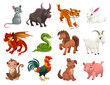 Chinese Lunar New Year animals, zodiac horoscope cartoon vector characters. Cute rat or mouse, dragon and pig, dog, tiger, rooster or chicken, horse, snake, monkey, ox, rabbit, goat or sheep signs