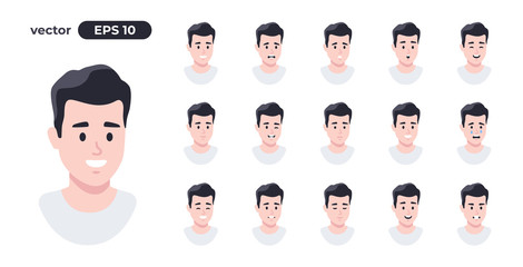 Wall Mural - Man emotions set. Cartoon people face. Young boy. Cute male character for animation. Different facial expressions collection. Simple design. Flat style vector illustration.