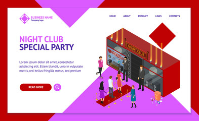 Sticker - Enter a Club Concept Landing Web Page Template 3d Isometric View. Vector