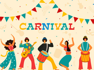 Poster - Cartoon Men Playing Drums with Guitar and Women Dancing on the Occasion of Carnival Celebration.